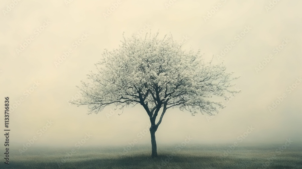 Solitary Blooming Tree In A Misty Field Solitary Blooming Tree In A Misty Field