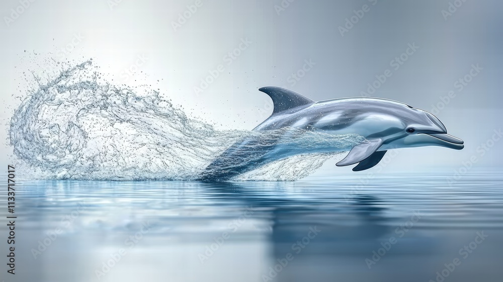 Fototapeta premium Graceful Dolphin Leaping Through Water in Serene Ocean Scene