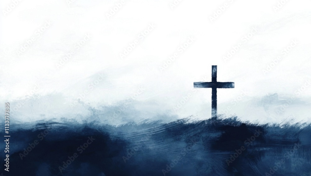 The misty ambiance draws attention to a cross by the ground. The misty ambiance draws attention to a cross by the ground.