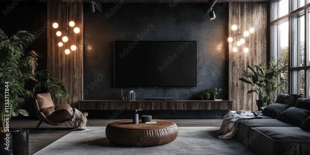 Sleek decor and entertainment set-up in a modern living room. Sleek decor and entertainment set-up in a modern living room.