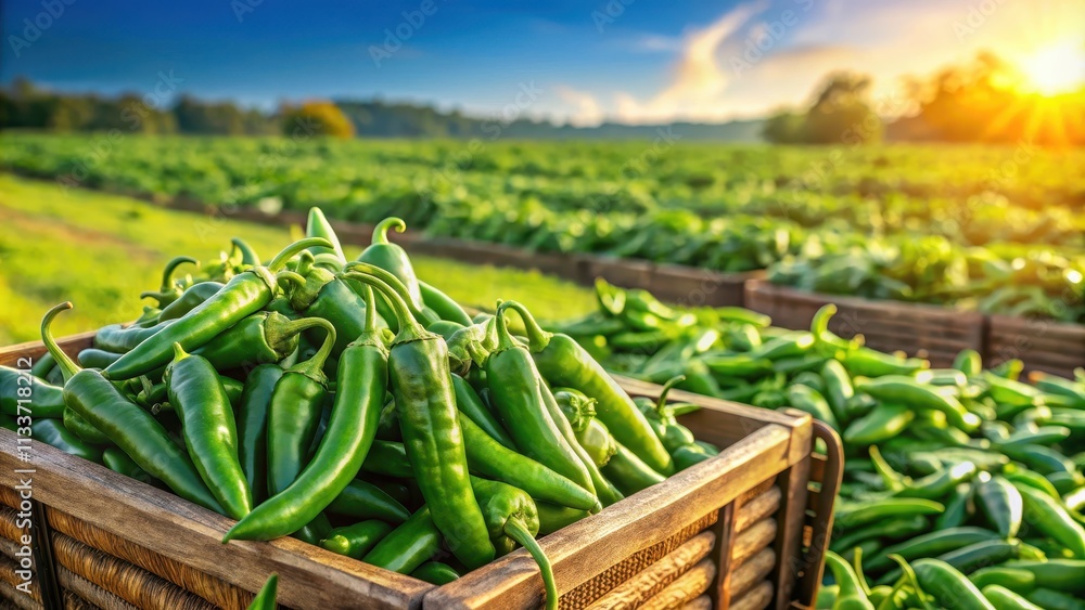 Harvest of green chili peppers in a field on a sunny day Harvest of green chili peppers in a field on a sunny day