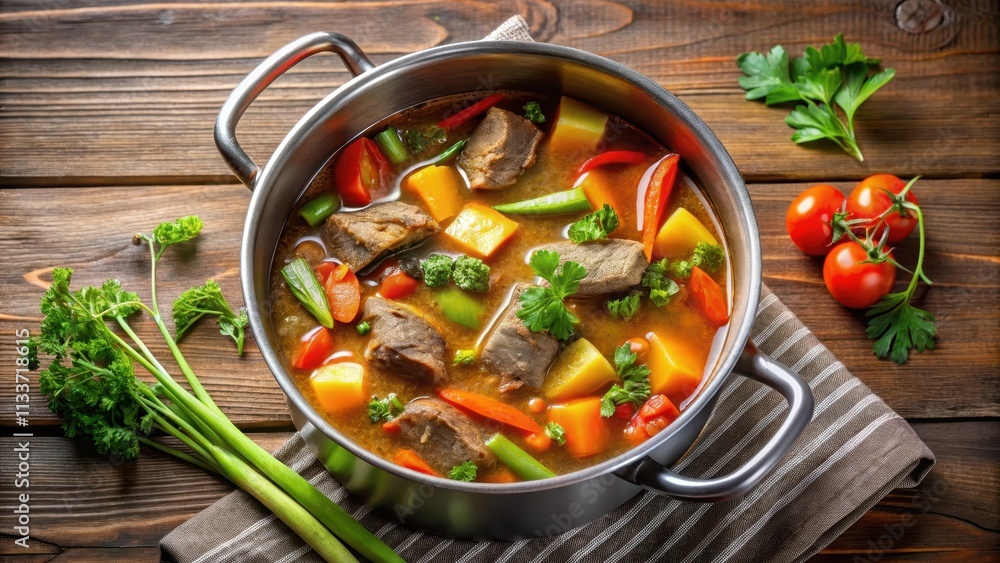 Beef Soup with Vegetables in a Large Pot, beef soup, vegetables, broth, stew Beef Soup with Vegetables in a Large Pot, beef soup, vegetables, broth, stew