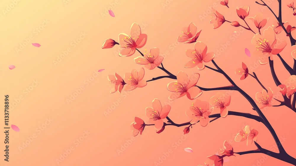 Peach Blossom Branches in Soft Coral Sunset Light Peach Blossom Branches in Soft Coral Sunset Light