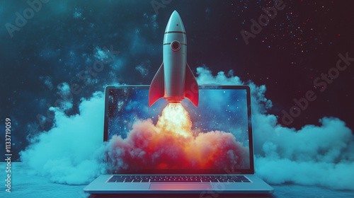 Rocket coming out of laptop screen, blue background. illustration photo