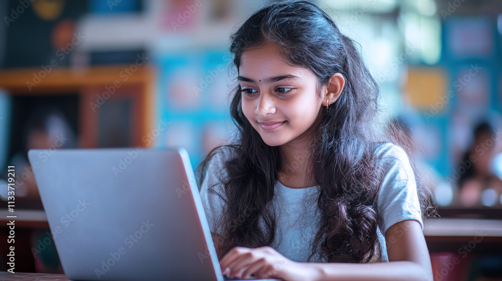 Indian teenage girl studying in classroom using computer laptop Indian teenage girl studying in classroom using computer laptop