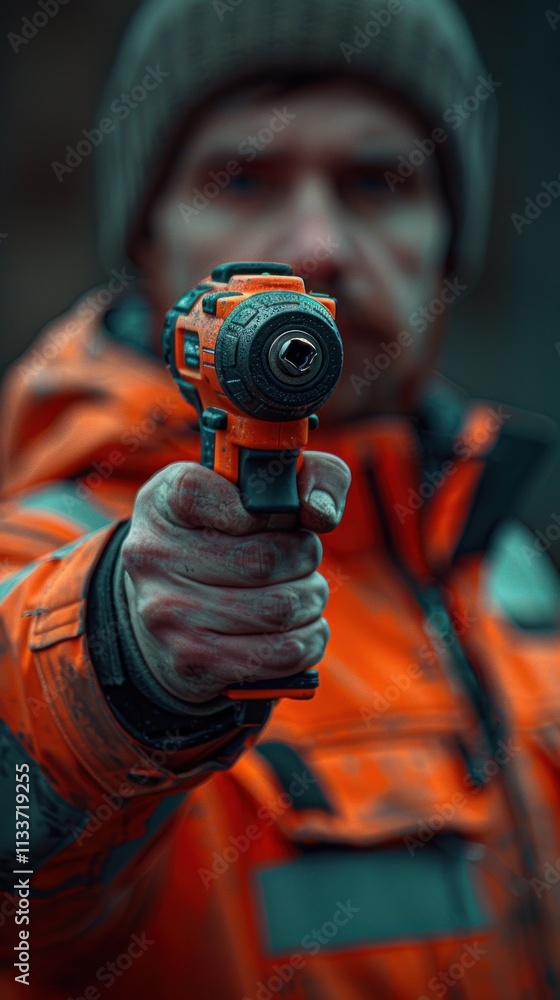 Naklejka premium Close-up of a man in an orange jacket holding a cordless drill.