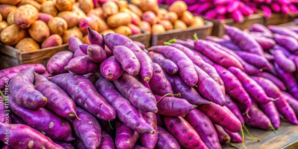 Fresh purple sweet potatoes on display at a vibrant farmers market stall Fresh purple sweet potatoes on display at a vibrant farmers market stall