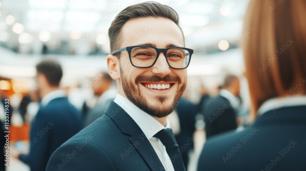 A smiling man in glasses, dressed in a suit, stands amidst a crowd, exuding confidence and approachability in a professional setting. A smiling man in glasses, dressed in a suit, stands amidst a crowd, exuding confidence and approachability in a professional setting.