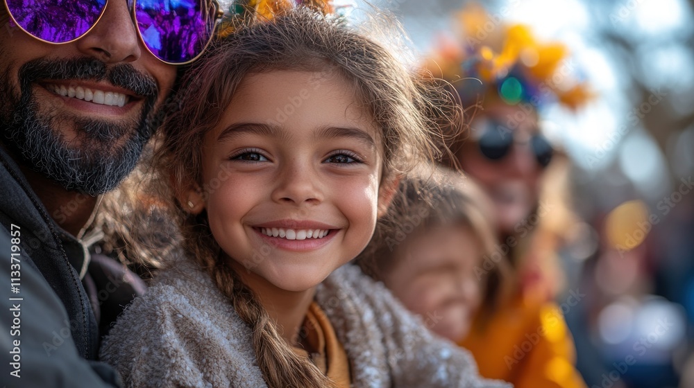A joyful family moment at a festive outdoor event, showcasing smiles and vibrant decorations.