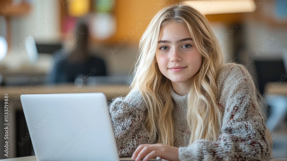 Caucasian teenage girl studying in classroom using computer laptop Caucasian teenage girl studying in classroom using computer laptop
