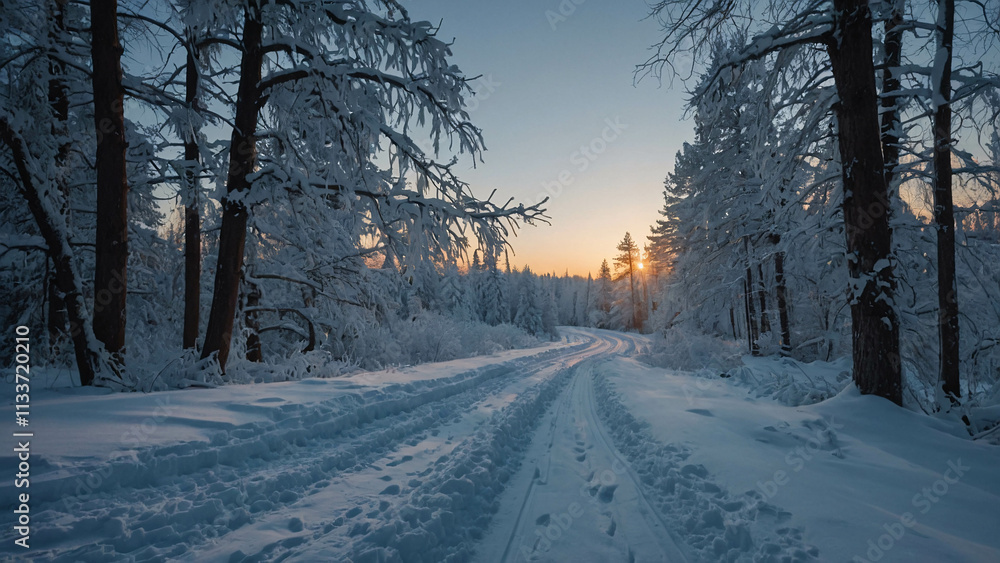 Obraz premium Winter Afternoon with Snow Path Frozen Trees and Crystal Clear Ice Landscape