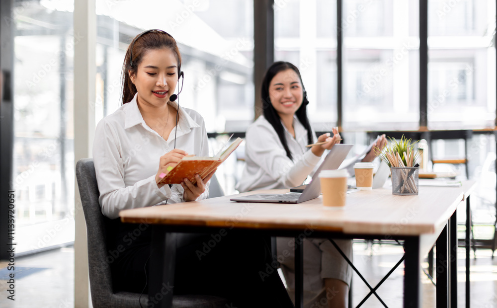 Asian call center team, customer service, telesales wearing headset or headphone talking with customer in the office. Customer Service Representative, Service, Call Center, Asian call center team, customer service, telesales wearing headset or headphone talking with customer in the office. Customer Service Representative, Service, Call Center,