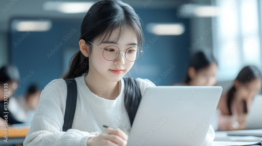 Chinese teenage girl studying in classroom using computer laptop Chinese teenage girl studying in classroom using computer laptop