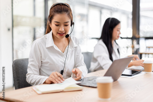 Asian call center team, customer service, telesales wearing headset or headphone talking with customer in the office. Customer Service Representative, Service, Call Center, 