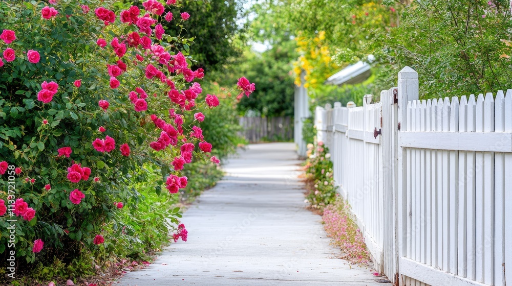 Fototapeta premium Serene Pathway Surrounded by Vibrant Pink Roses and White Fence