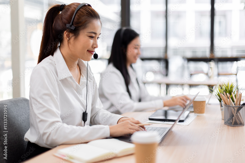Asian call center team, customer service, telesales wearing headset or headphone talking with customer in the office. Customer Service Representative, Service, Call Center, Asian call center team, customer service, telesales wearing headset or headphone talking with customer in the office. Customer Service Representative, Service, Call Center,