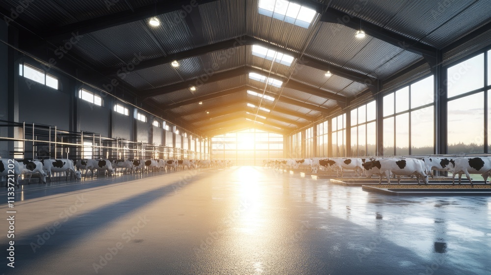 Sunlight Streaming into Modern Dairy Barn with Cows in Stalls Sunlight Streaming into Modern Dairy Barn with Cows in Stalls