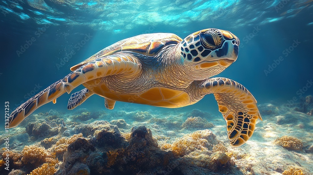 Fototapeta premium Sea turtle swims over vibrant coral reef.