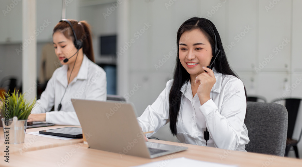 Asian call center team, customer service, telesales wearing headset or headphone talking with customer in the office. Customer Service Representative, Service, Call Center, Asian call center team, customer service, telesales wearing headset or headphone talking with customer in the office. Customer Service Representative, Service, Call Center,