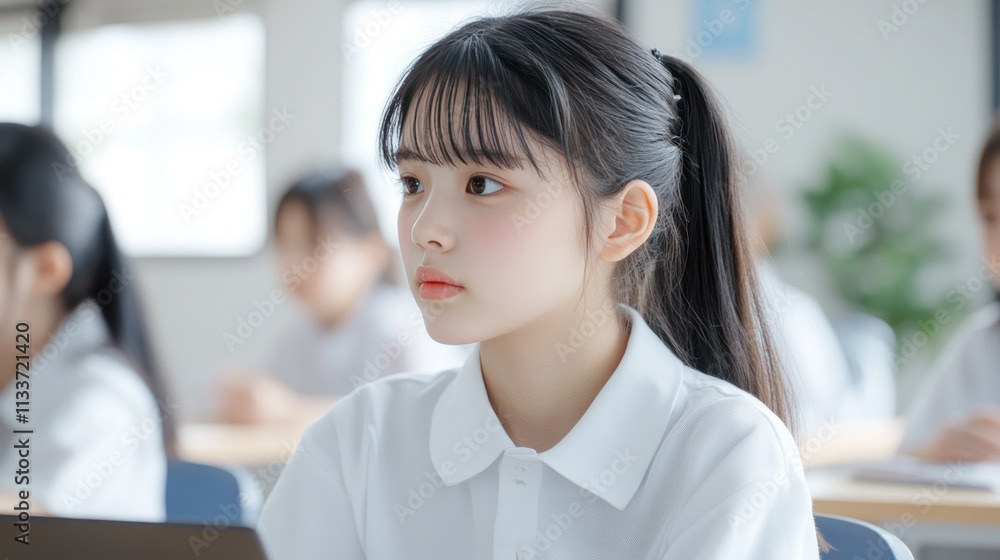 Korean teenage girl studying in classroom using computer laptop Korean teenage girl studying in classroom using computer laptop