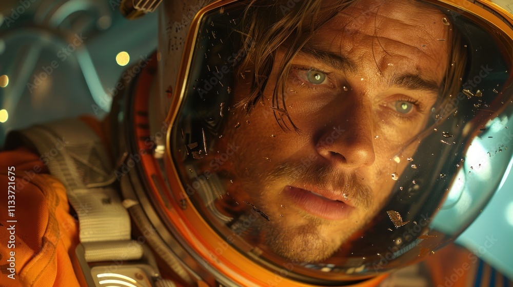Close-up of a man's face inside a space helmet, showing concern and water droplets. Close-up of a man's face inside a space helmet, showing concern and water droplets.