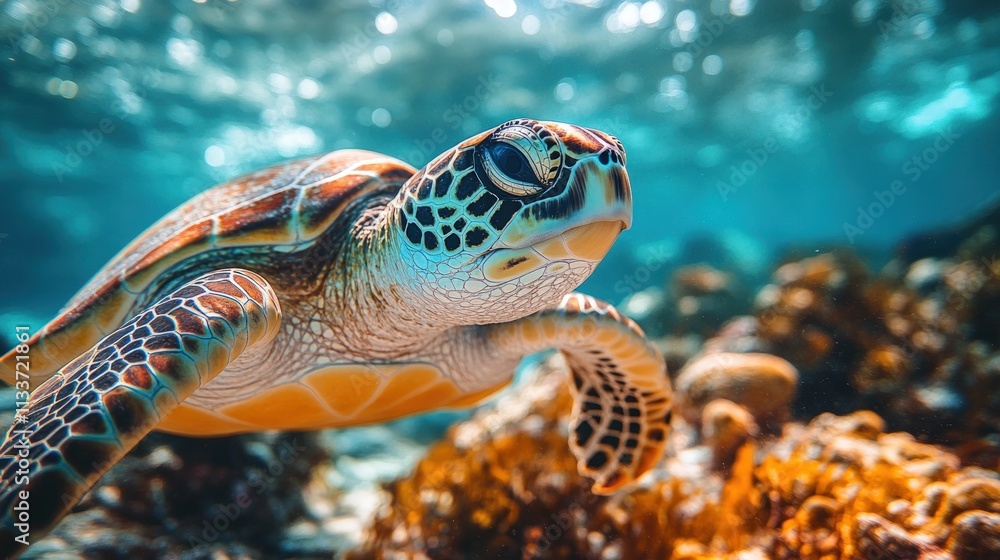 Fototapeta premium Sea turtle swims, vibrant coral reef.