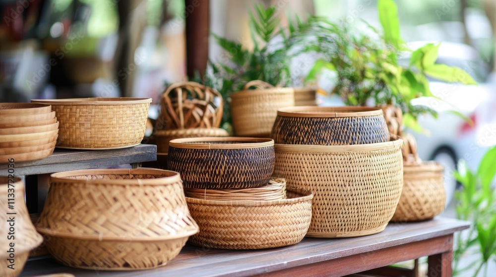 Various Handcrafted Bamboo Baskets on Display at Local Market Various Handcrafted Bamboo Baskets on Display at Local Market