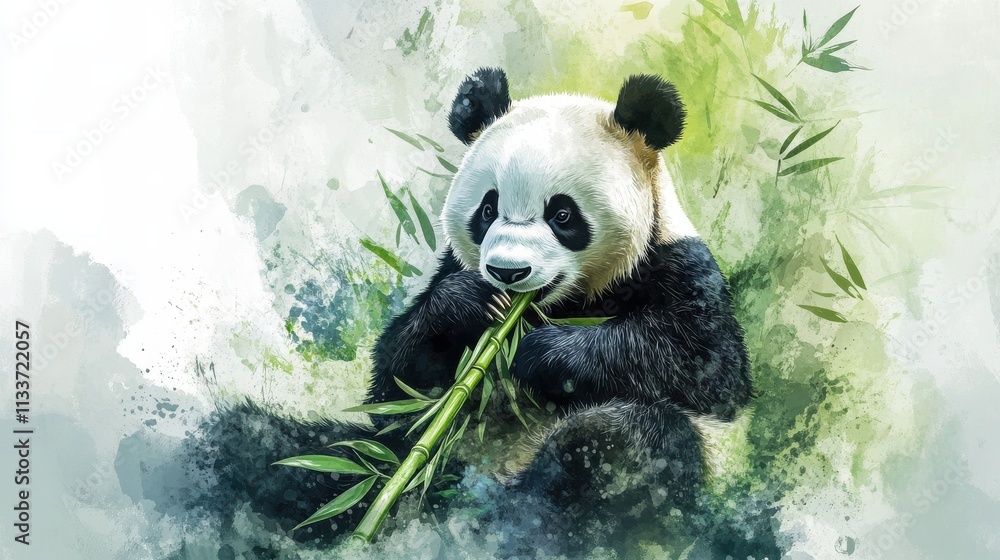 Adorable Panda Enjoying Bamboo in Tranquil Natural Setting Adorable Panda Enjoying Bamboo in Tranquil Natural Setting