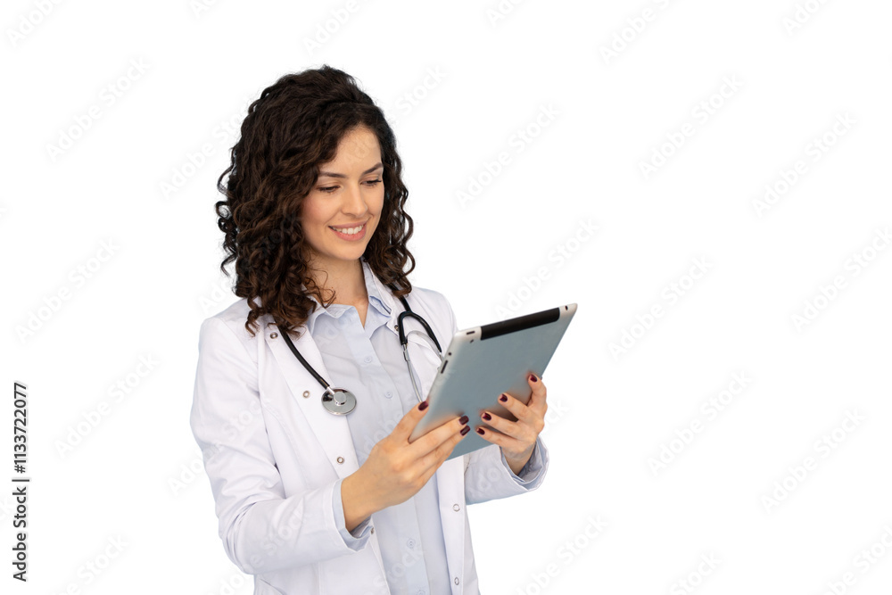 Confident young Latina doctor holding a tablet device Confident young Latina doctor holding a tablet device