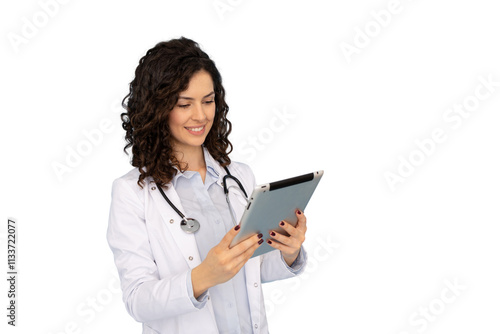 Confident young Latina doctor holding a tablet device