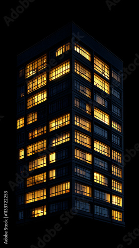 Night Cityscape, Illuminated Apartment Building at Dusk, Gleaming Windows Reflecting Urban Lights, Modern Architecture, City at Night