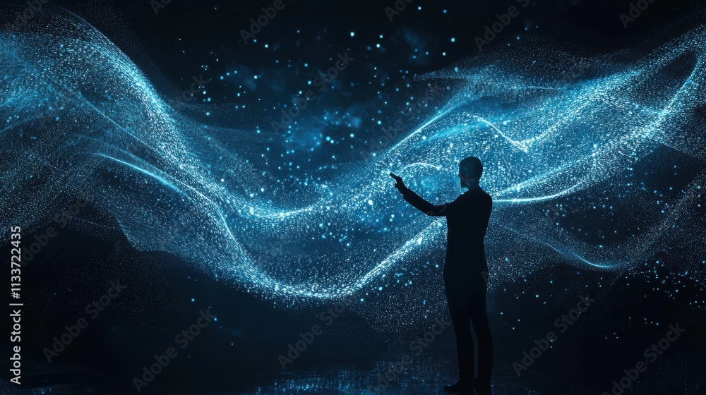 Man Pointing at Digital Waves of Light in a Dark Background Man Pointing at Digital Waves of Light in a Dark Background