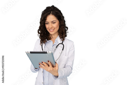 Confident young Latina doctor holding a tablet device