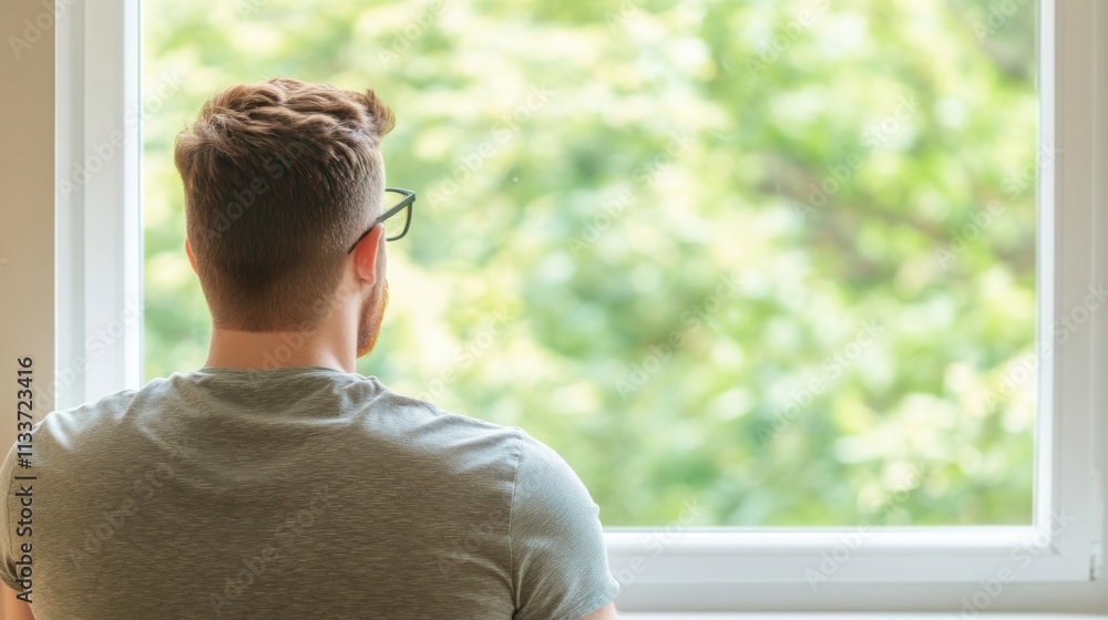 A person gazes thoughtfully out a window, surrounded by greenery, reflecting on life and nature's tranquility. A person gazes thoughtfully out a window, surrounded by greenery, reflecting on life and nature's tranquility.