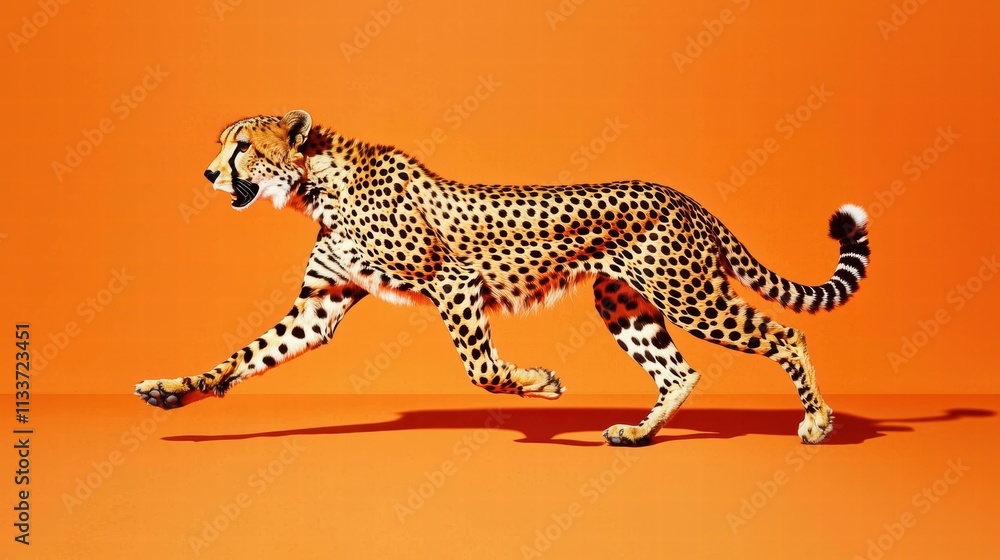 Obraz premium Cheetah in Motion Against Bright Orange Background Running Fast