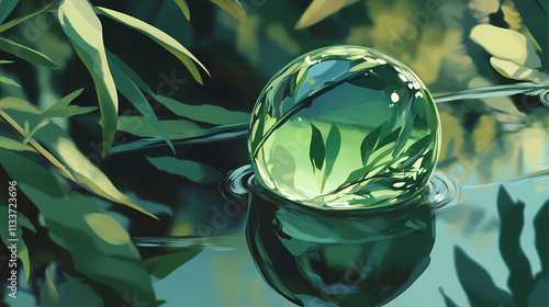 Dewdrop on green leaf with reflection. a large dewdrop rests on a green leaf, reflecting the surrounding foliage. the water droplet glistens in the morning light. Dewdrop. Illustration