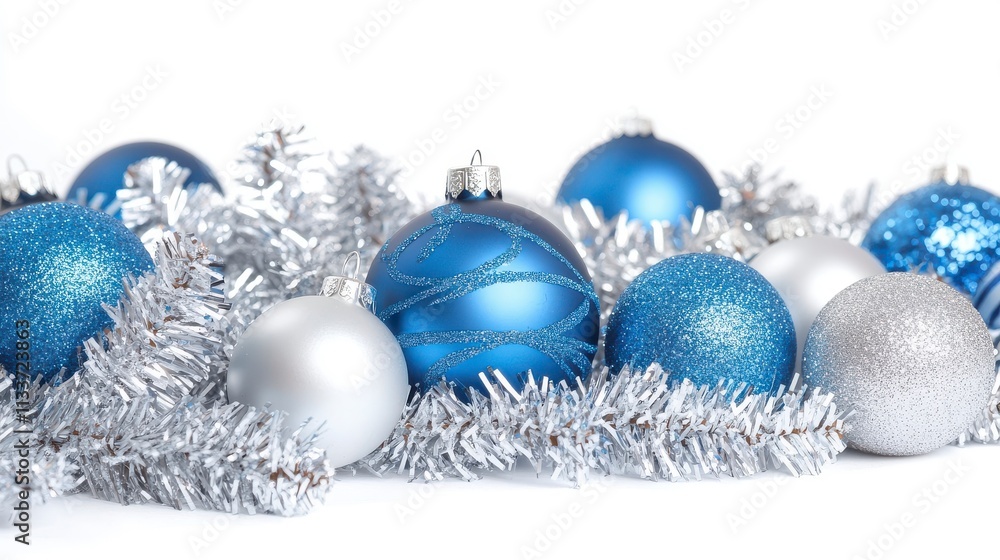 Elegant collection of blue and silver Christmas ornaments with shimmering tinsel, perfect for festive decor and holiday celebrations. Elegant collection of blue and silver Christmas ornaments with shimmering tinsel, perfect for festive decor and holiday celebrations.