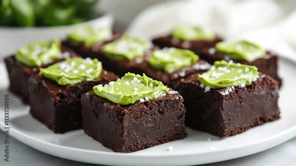 Chocolate Brownies with Bright Green Frosting on White Plate Chocolate Brownies with Bright Green Frosting on White Plate