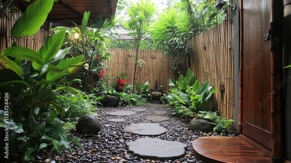 Serene Garden Pathway Surrounded by Lush Greenery and Plants Serene Garden Pathway Surrounded by Lush Greenery and Plants