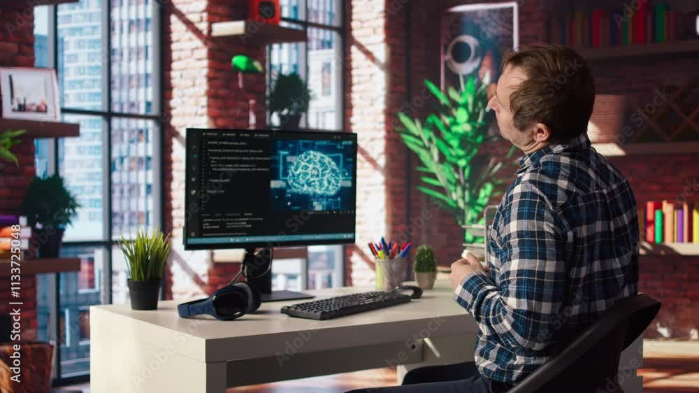 AI engineer in home office stretching back while looking at PC screen, feeling fatigued while executing code. Artificial intelligence developer feeling backpain, relieving pain, testing code, camera A AI engineer in home office stretching back while looking at PC screen, feeling fatigued while executing code. Artificial intelligence developer feeling backpain, relieving pain, testing code, camera A