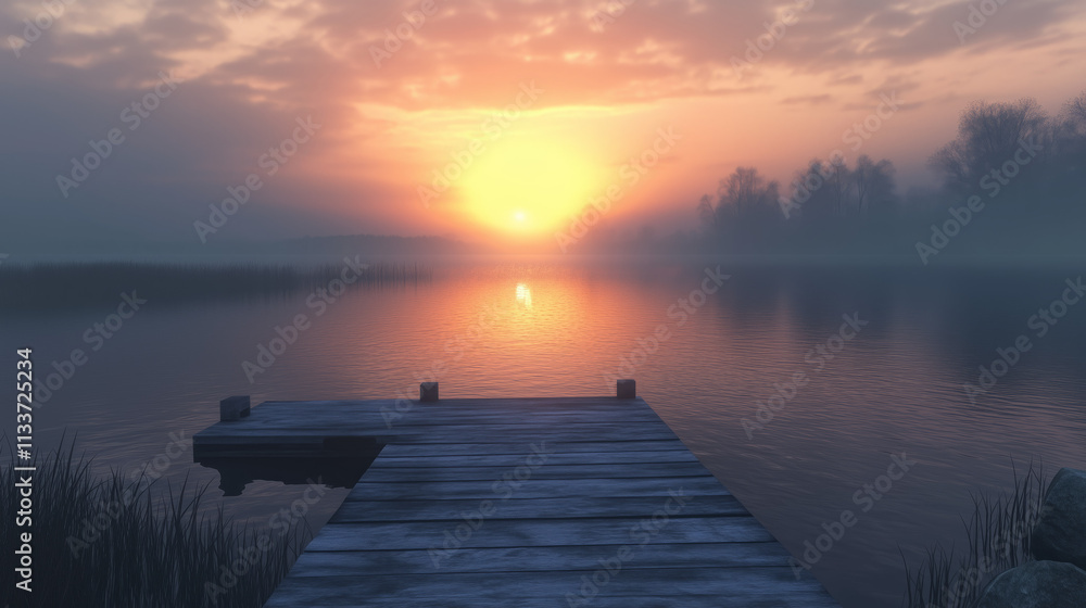Fototapeta premium Misty Sunrise Over a Tranquil Lake with Wooden Dock