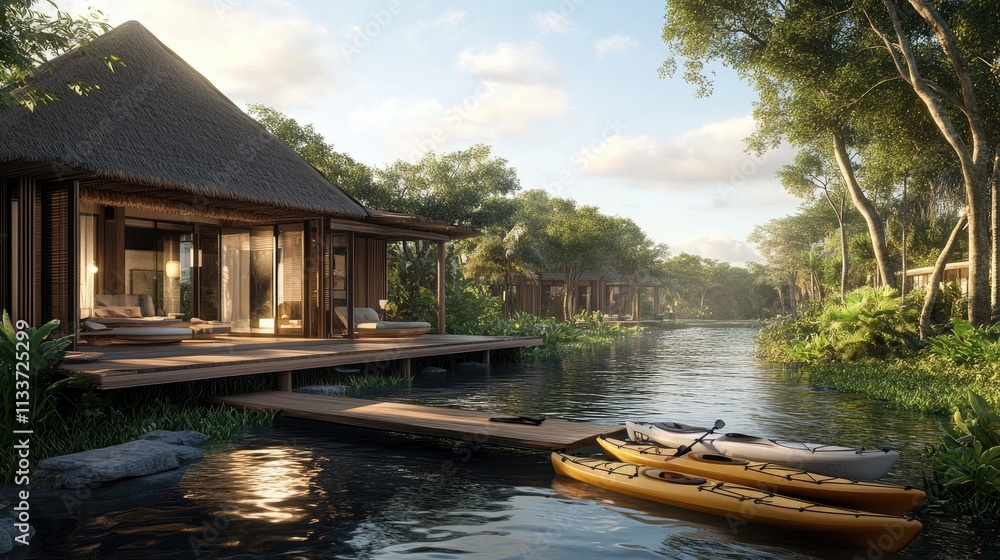 Naklejka premium Serene Waterfront Villas Surrounded by Lush Greenery and Kayaks