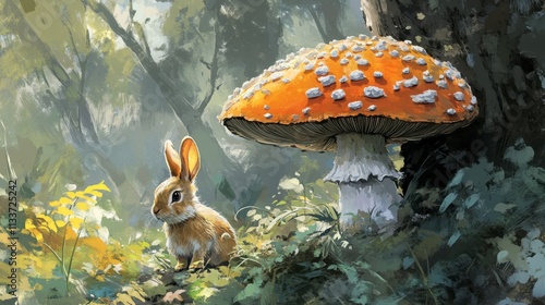 Cute Bunny Sitting Beside Large Orange Mushroom in Forest Scene