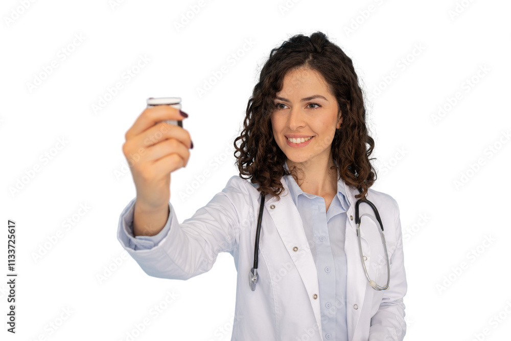 Caring Latina doctor presenting a pill with a friendly smile Caring Latina doctor presenting a pill with a friendly smile