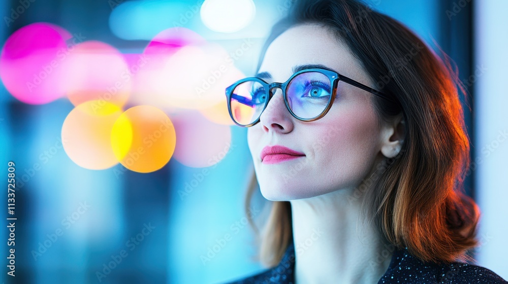 A woman with glasses gazes thoughtfully, illuminated by colorful bokeh lights in the background. A woman with glasses gazes thoughtfully, illuminated by colorful bokeh lights in the background.