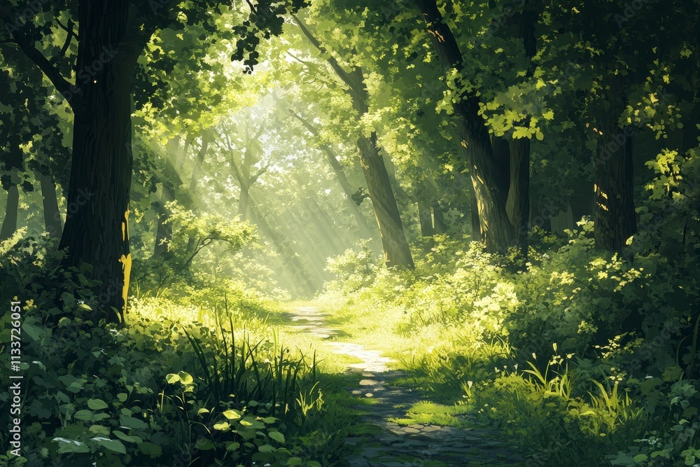 Obraz premium A tranquil forest path illuminated by sunlight, surrounded by lush greenery and tall trees, inviting exploration and tranquility.