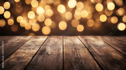 Wooden table surface with warm bokeh lights in the background during evening hours