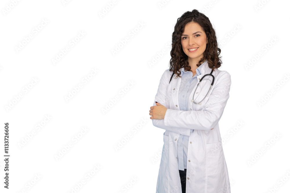 Portrait of a focused Latina female doctor in a white coat Portrait of a focused Latina female doctor in a white coat