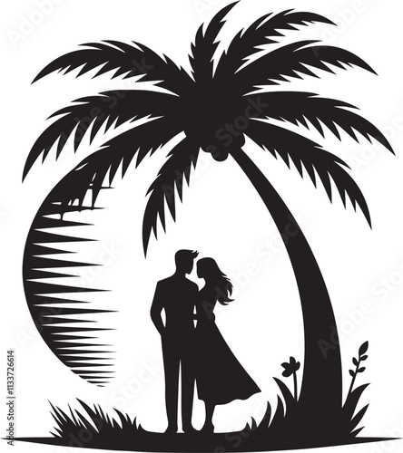 A romantic couple with palm tree silhouette vector illustration