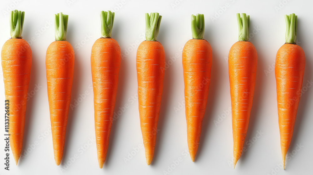 Fresh orange carrots lined up on white background, showcasing their vibrant color and natural texture. Perfect for healthy eating and cooking Fresh orange carrots lined up on white background, showcasing their vibrant color and natural texture. Perfect for healthy eating and cooking